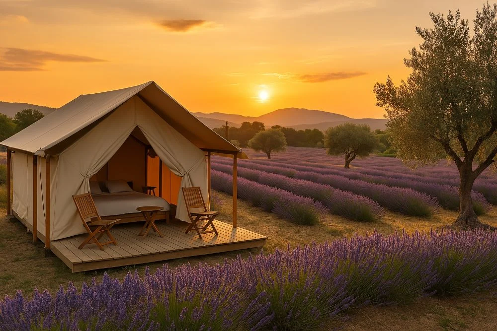 Glamping tent in a lavender field